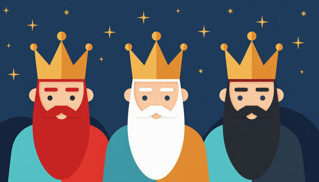 Ilustraci&oacute;n vectorial plana de los tres Reyes Magos sonrientes bajo un cielo estrellado. Dise&ntilde;o moderno, minimalista y colorido con personajes simp&aacute;ticos y coronas.