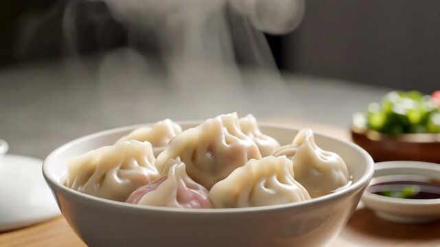 Close up of steaming hot dumplings in a white bowl with dipping sauce and green onion, fresh Asian food cooking presentation