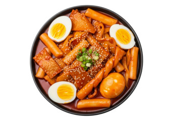 Spicy Korean Tteokbokki Rice Cakes with Fish Cakes and Boiled Eggs