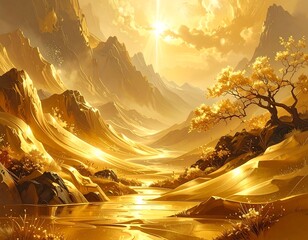 Golden-hued mountainous landscape with a river and sunlit sky