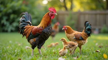 Fototapeta premium a group of chickens in a grassy outdoor environment