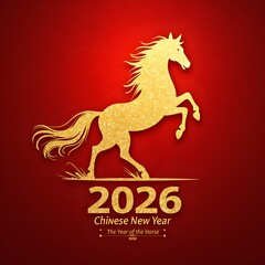 Chinese New Year 2026, Year of the Horse, golden silhouette on vibrant red background.