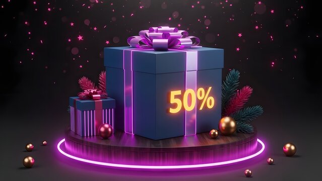 A 3d rendering of a purple gift box with a 50 percent discount on a dark background with purple and pink lights and decorations around it - Powered by Adobe
