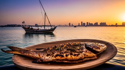 Grilled Samak Mashwi fish on wooden platter at Dubai Creek during sunset