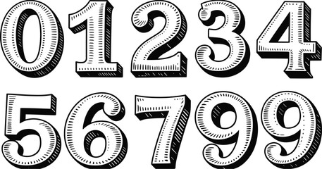 Hand-drawn black and white numbers 0 through 9 with vintage shading digits zero