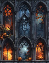 Gothic architecture featuring autumn views through arched windows