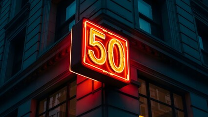A closeup shot of a red neon sign with the number fifty on a building at night