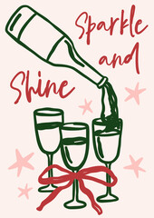 Whimsical Christmas vector card. Vintage retro holidays print design with champagne bottle and glasses coquette illustration