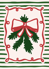 Whimsical Christmas vector card. Vintage retro holidays print design with tree brunches illustration in coquette frame on striped background