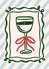 Whimsical Christmas vector card. Vintage retro holidays print design with wine glass illustration in coquette frame on striped background