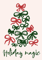 Whimsical Christmas vector card. Vintage retro holidays print design with bows Christmas tree coquette illustration