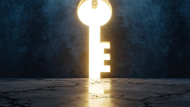 Radiant Golden Key Illuminating a Dark, Textured Room, Symbolizing Opportunity, Solution, and Unlocking New Paths