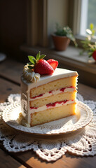 Slice of festive cake with strawberries on a lace doily in a sunlit setting