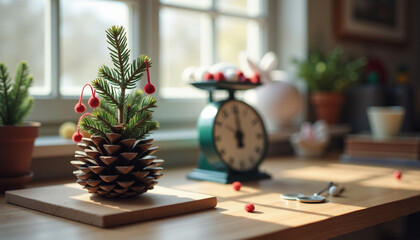 DIY pine cone craft on a wooden desk with decorative elements and a vintage scale