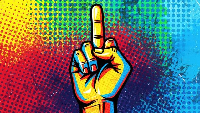 Vibrant Pop Art Middle Finger Gesture on Colorful Halftone Background