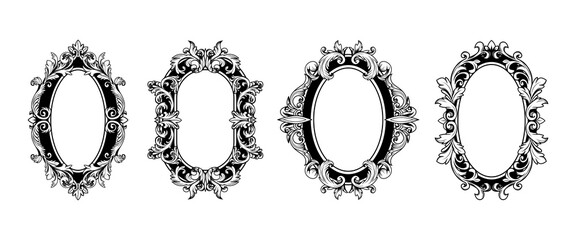 Ornate baroque flourish frame set with vintage oval border and decorative Victorian ornament. Elegant antique filigree design with intricate floral motifs for wedding invitations or mirror frames. © klyaksun