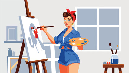 Pop art pin up girl painting on canvas in art studio, creative modern vector illustration with solid colors, ideal for art and hobby themes