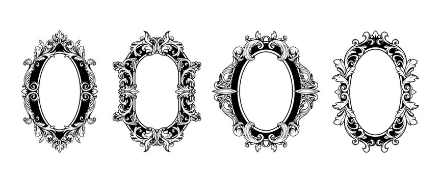 Ornate baroque flourish frame set with vintage oval border and decorative Victorian ornament. Elegant antique filigree design with intricate floral motifs for wedding invitations or mirror frames.