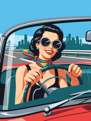 Pop art pin up girl driving vintage car, smiling modern vector illustration with solid colors, ideal for travel and retro lifestyle designs