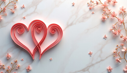 Valentine's Day banner with pink paper hearts and cherry blossom flowers on marble background