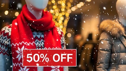 Mannequins wearing winter clothing with a 50 percent off sale sign in a store window during snowfall