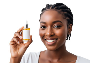 Smiling Young African Woman Showing Serum Skin Care Bottle on transparent background 