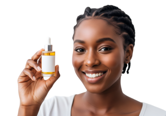 Smiling Young African Woman Showing Serum Skin Care Bottle on transparent background 