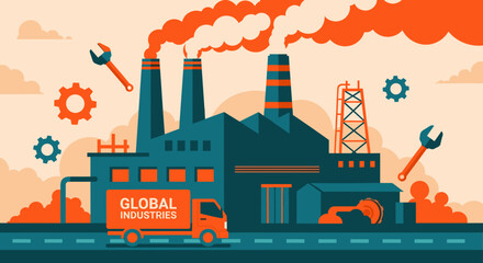 Naklejka premium Industrial factory illustration production logistics global business pollution and manufacturing