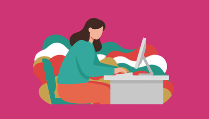 Obraz premium Woman working on desktop computer illustration Remote job productivity and modern business concept