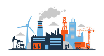 Obraz premium Industrial city illustration factory construction energy production oil and wind urban development and logistics