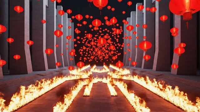 Red lantern flying over floor fire, festive ceremony element. Vibrant decoration and celebration event. Design background for traditional holiday.