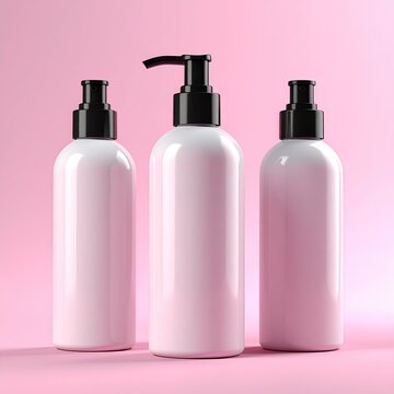 Three glossy, light pink cosmetic bottles with black pump tops