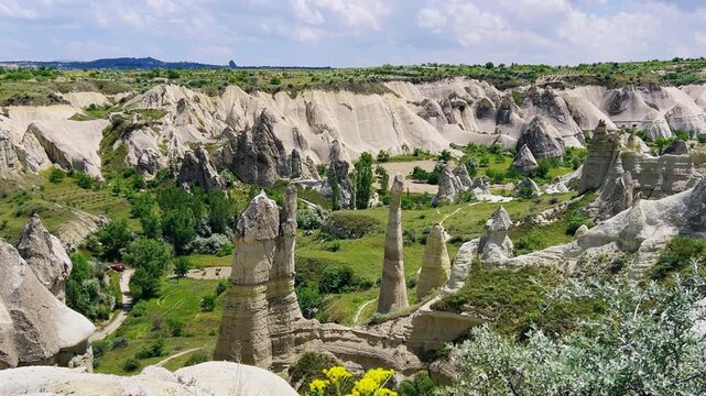 The Valley of Love in Goreme National Park. Unique rocks of various shapes. Sandstone cliffs. The wonders of Cappadocia are rock formations. The unusual shapes of the rocks are the property of Turkey.