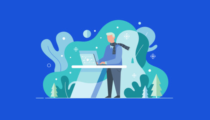 Senior man working remotely on a laptop in a stylized winter landscape Digital nomad concept