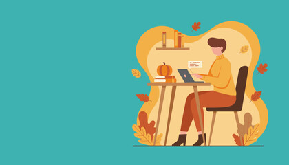 Remote work in autumn Woman working on a laptop at a cozy desk with fall leaves and a pumpkin decoration