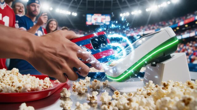 Man Makes Contactless Payment at Stadium Food Stand With Mobile Phone