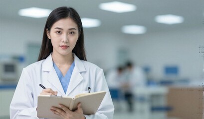 Young female doctor in white coat, stethoscope, holding clipboard in modern clinic.