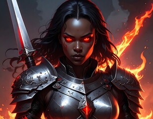 Warrior in armor with a fiery aura and glowing red eyes
