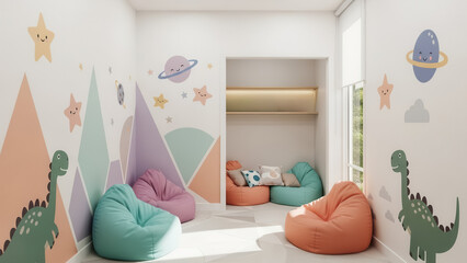 Bright interior of a children's playroom featuring colorful bean bag chairs and wall decals of dinosaurs, planets, and stars. A cozy, minimalist recreation area for kids