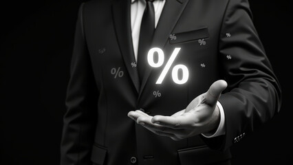 Businessman suit presents glowing percentage symbol, symbolizing finance and investment opportunities. image conveys professionalism and success