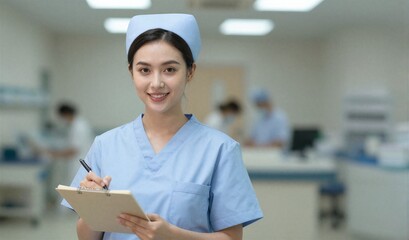 Smiling nurse in blue scrubs holds clipboard, professional healthcare setting behind her.