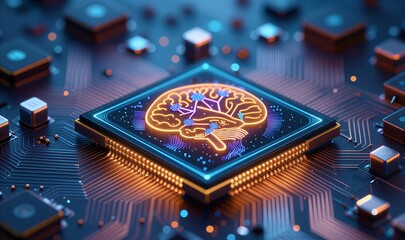 Neon brain on circuit board, surrounded by glowing chips and futuristic tech elements.