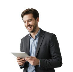 cheerful young manager in a dark suit and blue shirt laughing while looking at a digital tablet, isolated on white background
