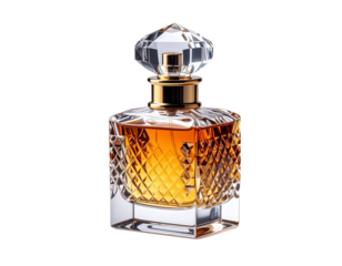 Elegant Crystal Perfume Bottle with Amber Liquid.