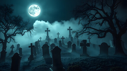 Eerie Gothic Cemetery Under Moonlight