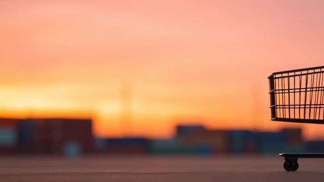 Supply chain import tariff, shopping cart silhouette at sunset.