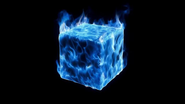 Blue fire cube, stylized flame geometry, isolated with a clean dark background, hyper-realistic 4k render.
