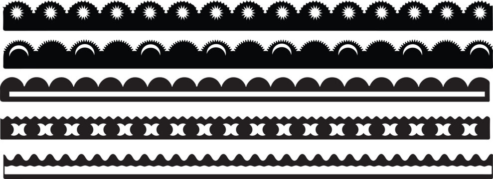 set of black and white borders. simple scalloped borders and dividers set, vintage frill ornament and ribbon trim pattern decorative lace vector Illustration