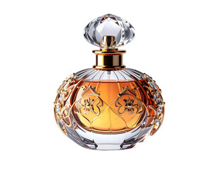 Obraz premium Elegant Perfume Bottle with Intricate Gold Detailing and Amber Liquid.