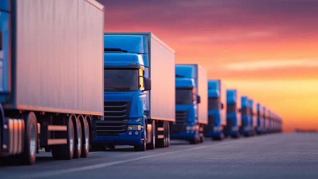 Supply chain import tariff, trucks lined up at sunset